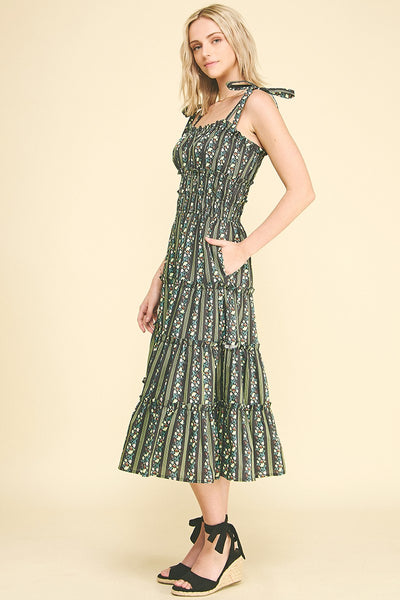 Floral Tiered Midi Dress - Black