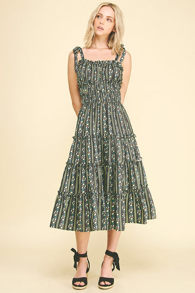 Floral Tiered Midi Dress - Black