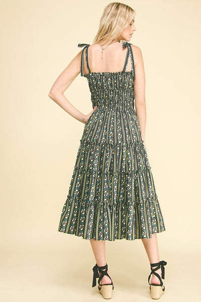 Floral Tiered Midi Dress - Black