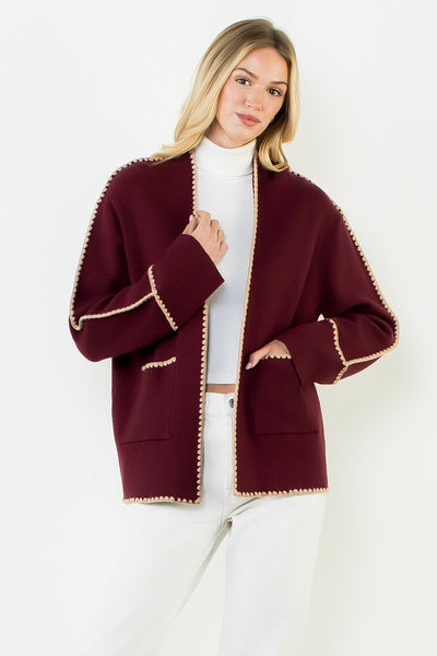 Florence Emb Pocket Cardigan - Burgundy