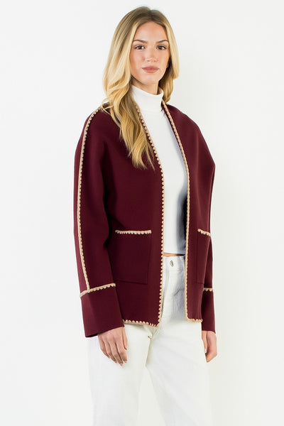 Florence Emb Pocket Cardigan - Burgundy