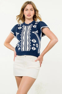 Flutter Sleeve Geo Knit Top - Navy