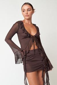 Frill Mesh Cardigan With Skirt - Brown