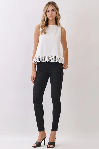 Fringe Hem Sleeveless Top - White