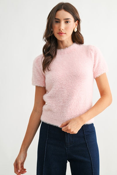 Fuzzy Knit Short Sleeve Top - Pink