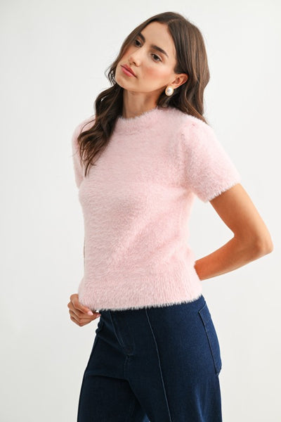 Fuzzy Knit Short Sleeve Top - Pink