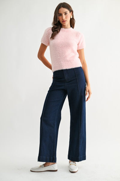Fuzzy Knit Short Sleeve Top - Pink