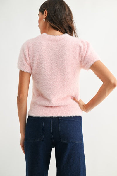 Fuzzy Knit Short Sleeve Top - Pink