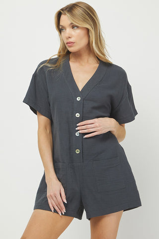 Gauze Button Up Romper - Grey