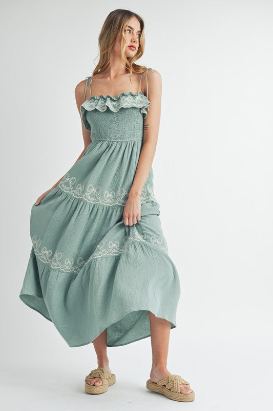 Gauze Embroidered Tiered Midi - Green