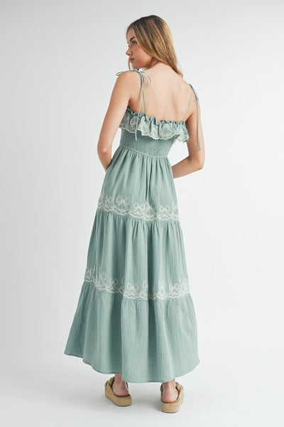 Gauze Embroidered Tiered Midi - Green