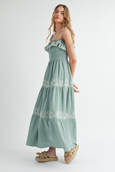 Gauze Embroidered Tiered Midi - Green