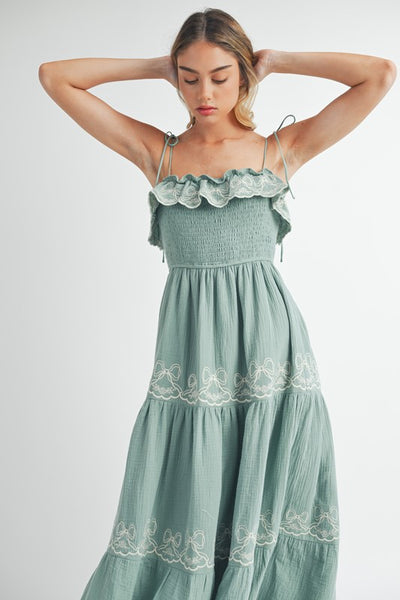 Gauze Embroidered Tiered Midi - Green