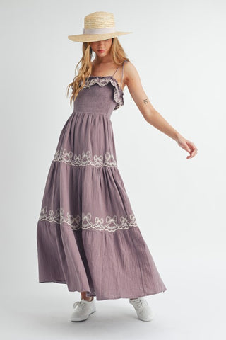 Gauze Embroidered Tiered Midi - Purple