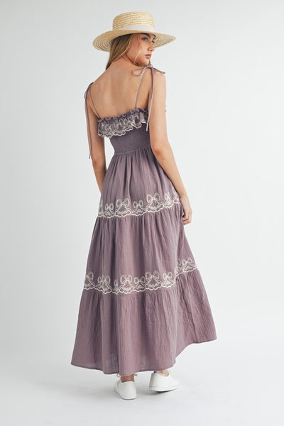 Gauze Embroidered Tiered Midi - Purple