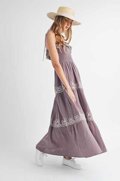 Gauze Embroidered Tiered Midi - Purple