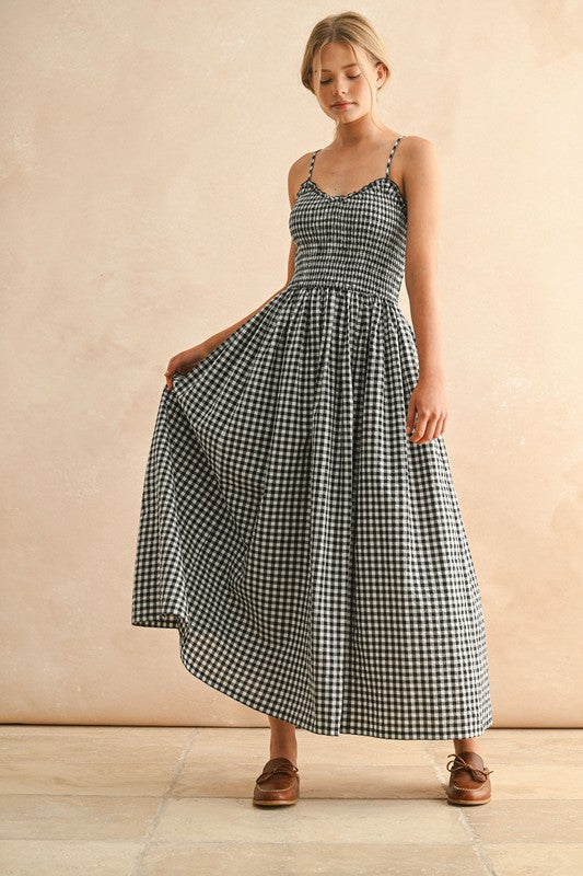 Gingham Print Long Dress - Black