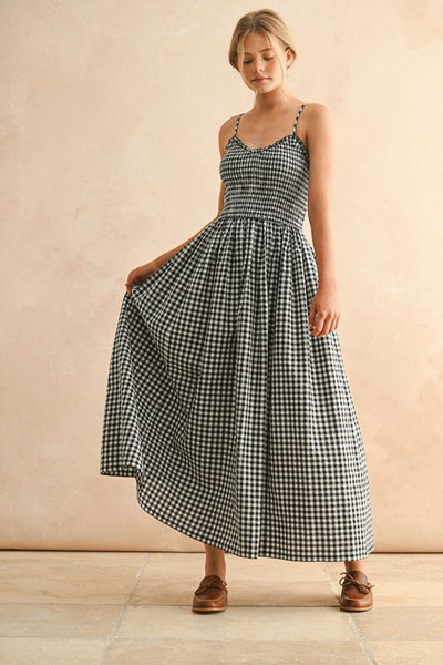 Gingham Print Long Dress - Black