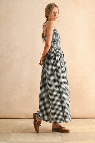 Gingham Print Long Dress - Black