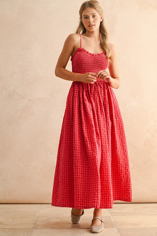 Gingham Print Long Dress - Red