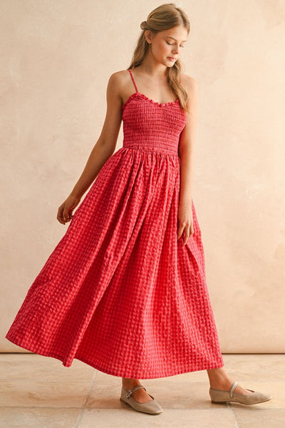 Gingham Print Long Dress - Red