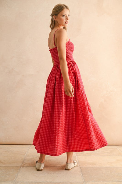 Gingham Print Long Dress - Red