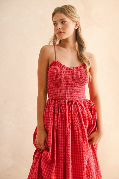 Gingham Print Long Dress - Red