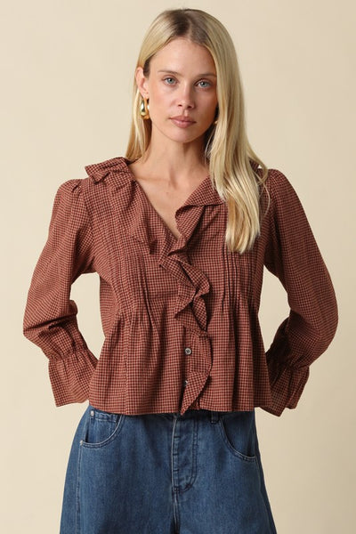 Gwen Plaid Ruffle Blouse - Brown