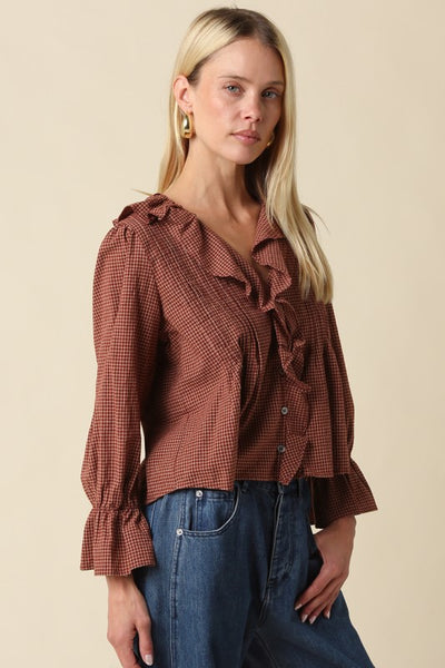 Gwen Plaid Ruffle Blouse - Brown
