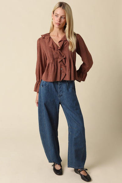 Gwen Plaid Ruffle Blouse - Brown