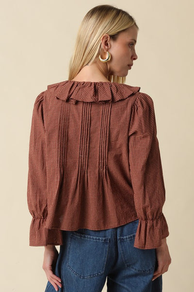 Gwen Plaid Ruffle Blouse - Brown