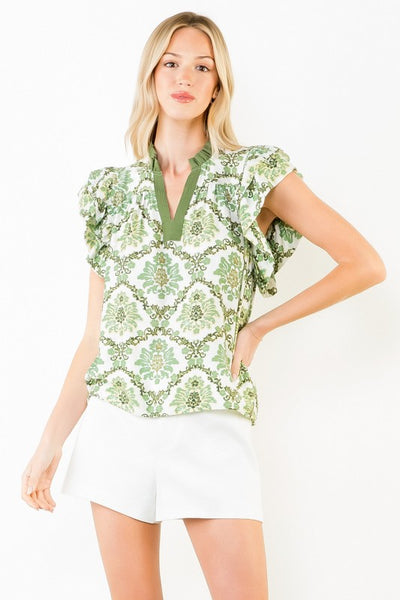 Hannah Ruffle Sleeve Top - Green