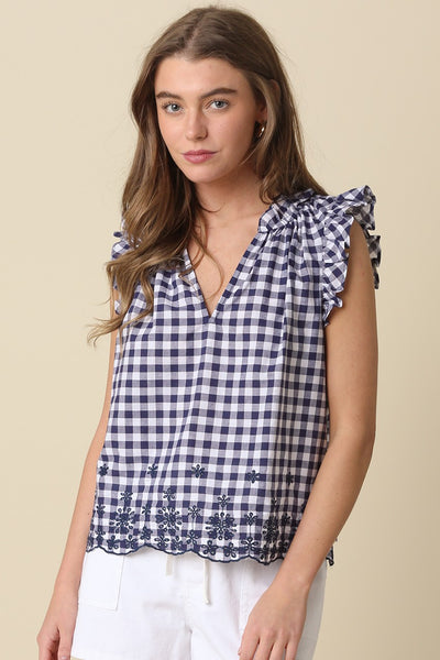 Harper Gingham Ruffle Blouse - Navy