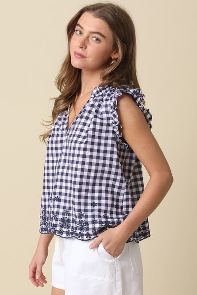 Harper Gingham Ruffle Blouse - Navy