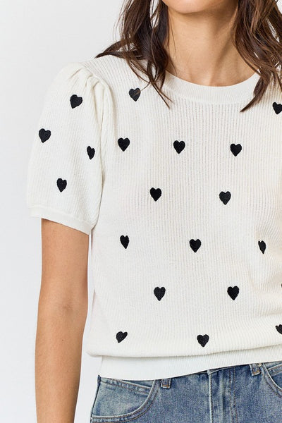 Heart Embroidery Sweater Top - Ivory