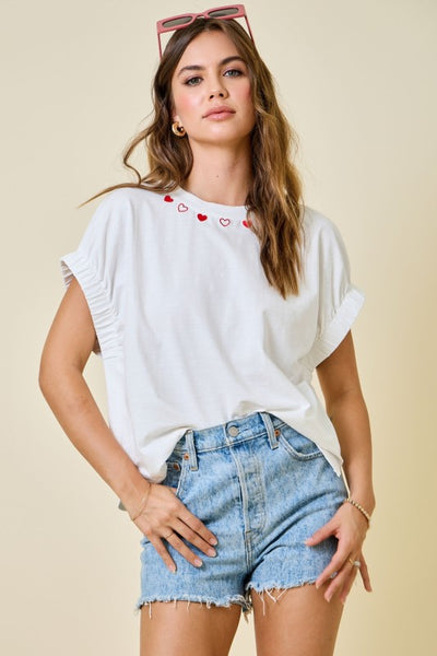 Hearts Emb Easy Relaxed Top - Ivory