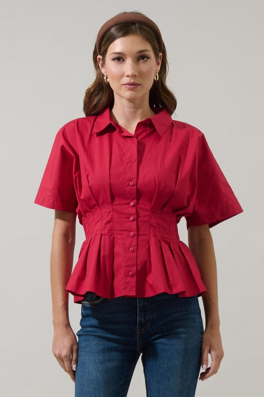 Helga Pleated Collared Top - Red