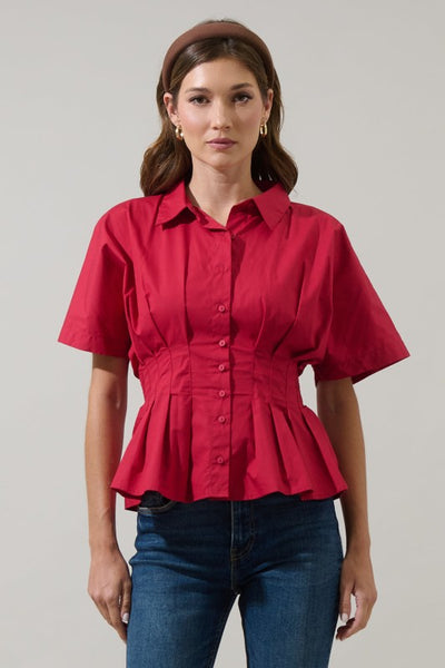Helga Pleated Collared Top - Red