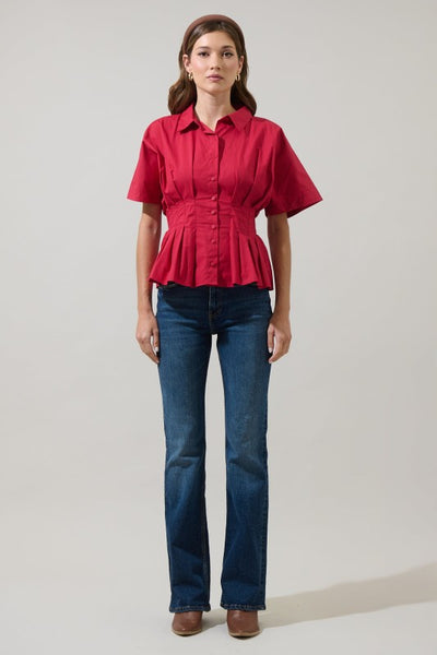 Helga Pleated Collared Top - Red