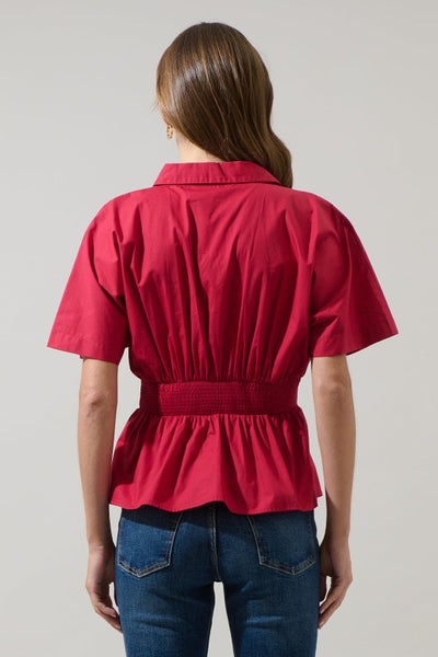 Helga Pleated Collared Top - Red