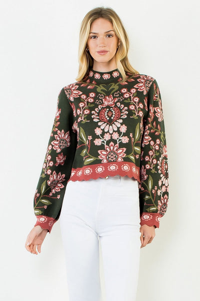 High Neck Floral Sweater - Green