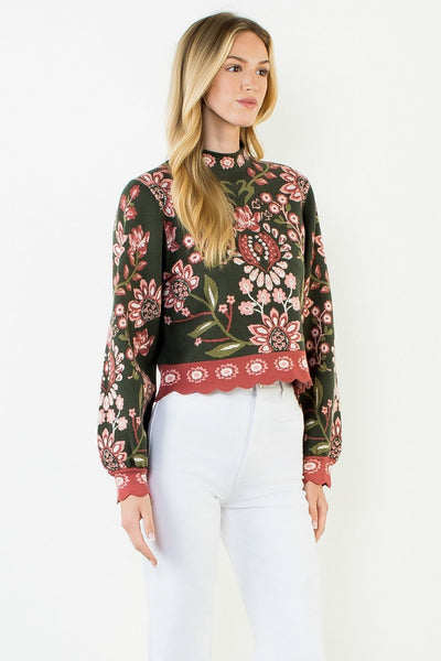 High Neck Floral Sweater - Green