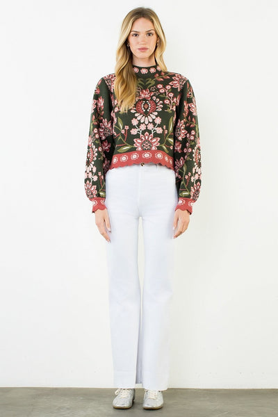 High Neck Floral Sweater - Green