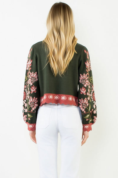 High Neck Floral Sweater - Green