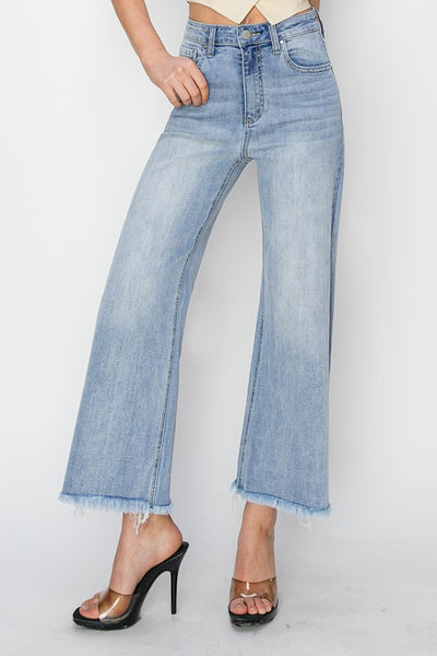 High Rise Crop Wide Fray Hem - Light Denim