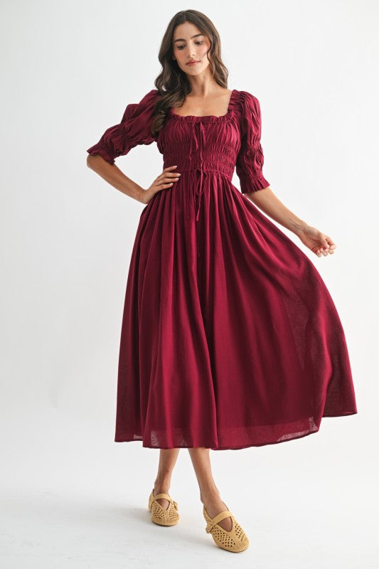 Holly Off Shoulder Smock Midi - Burgundy