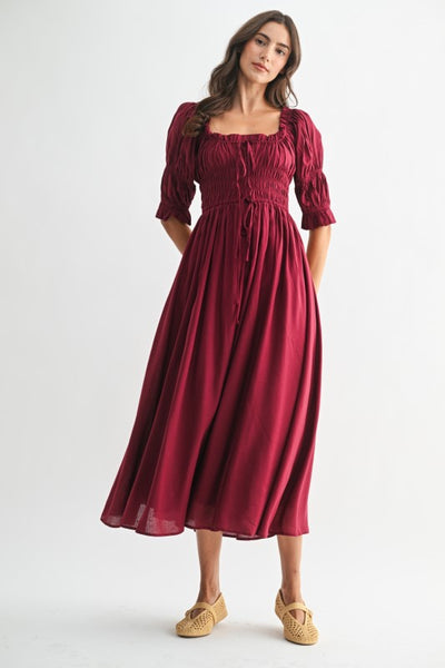 Holly Off Shoulder Smock Midi - Burgundy