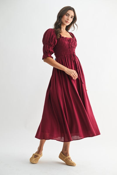 Holly Off Shoulder Smock Midi - Burgundy