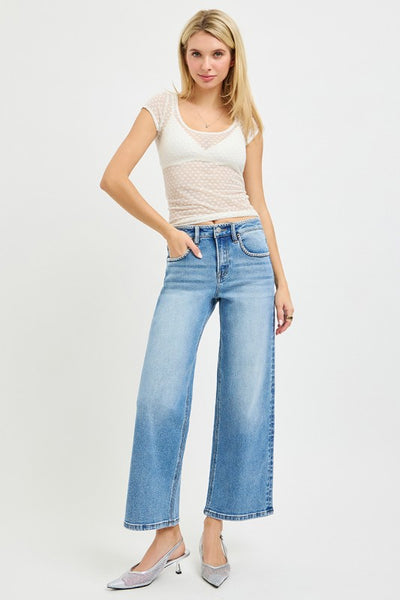 Hr Emb Crop Wide Jeans - Medium