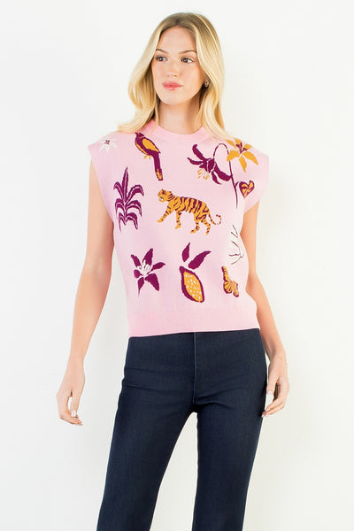 Jungle Themed Knit Vest - Pink